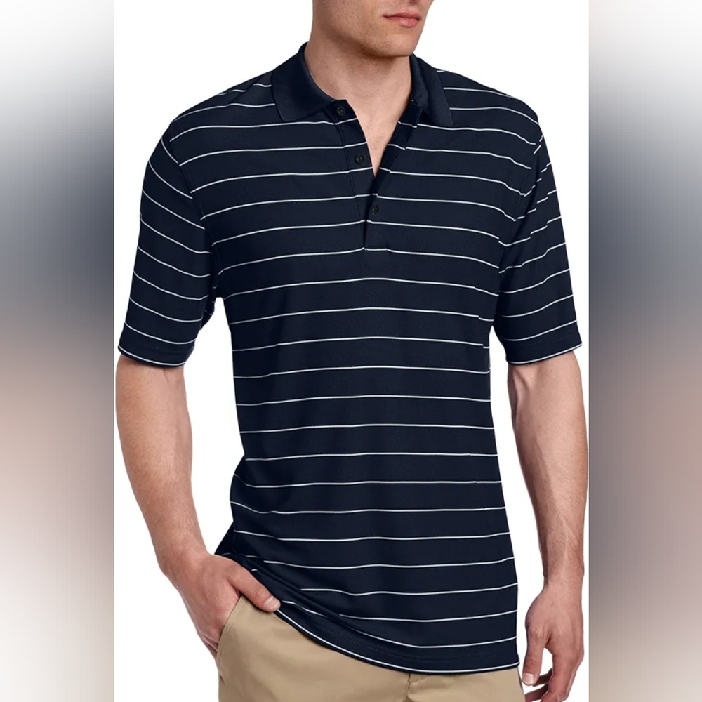 Greg Norman Men's Navy Blue Striped Polo Short Sleeve Shirt Size Large